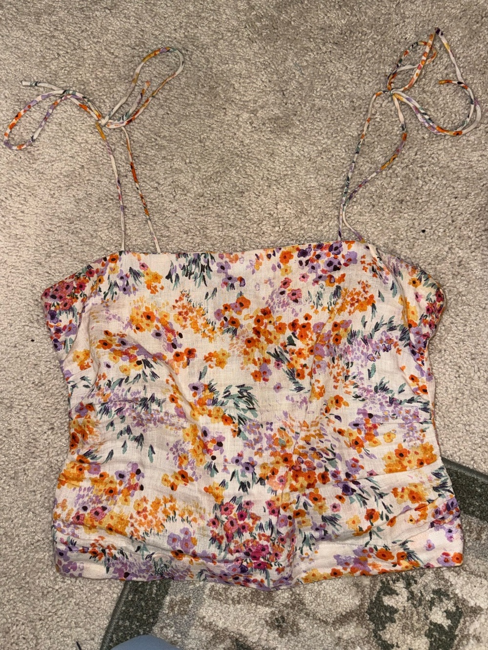 H&M White Floral Tie-Shoulder Cami with Orange & Purple Blooms